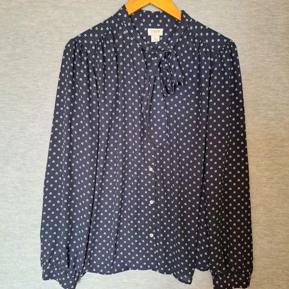J Crew Womens Blouse Top XL Navy Blue Tie Neck Drapey Poplin Long Sleeve Office - Picture 1 of 8